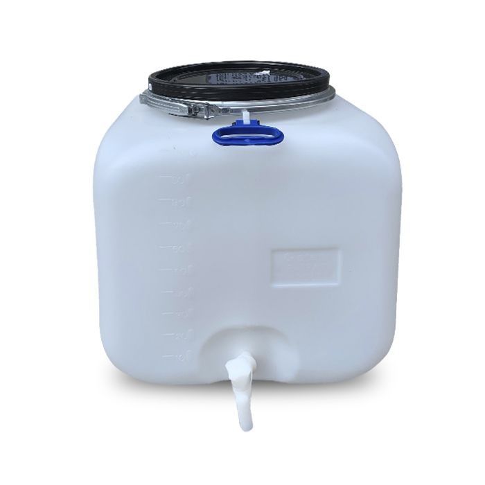 Bidon Rezervor 100 litri, Sterk Plastic, patrat cu cerc metalic si robinet, 50x50x50 cm, plastic alb