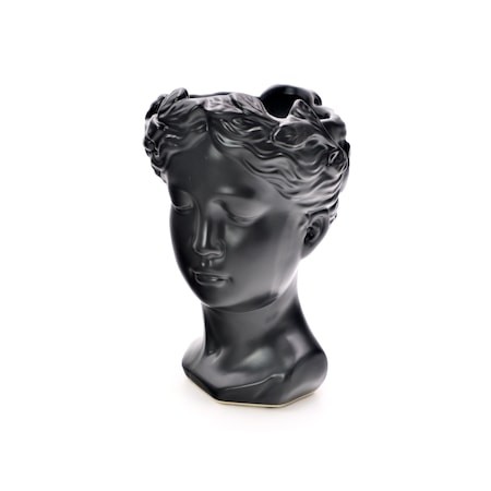 Vaza decorativa, in forma de cap, ceramica, neagra, 19 x 12 cm