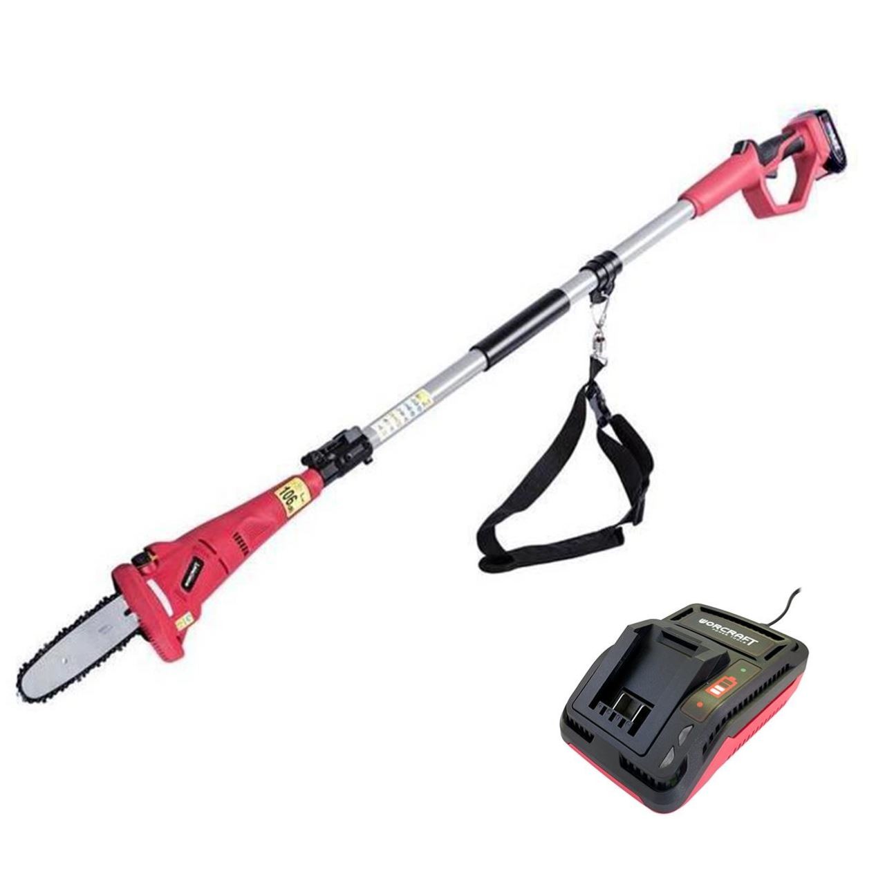 Drujba electrica pentru crengi cu maner telescopic, 20 V Li-Ion, cu acumulator 4 Ah, incarcator, Wor