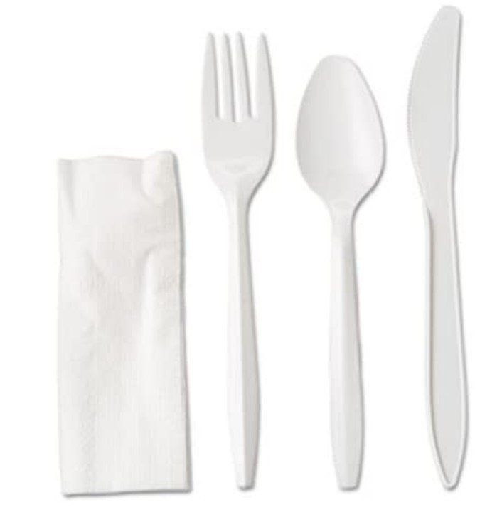 Set de 100 tacamuri de unica folosinta din plastic, furculita, cutit, lingura, servetel alb