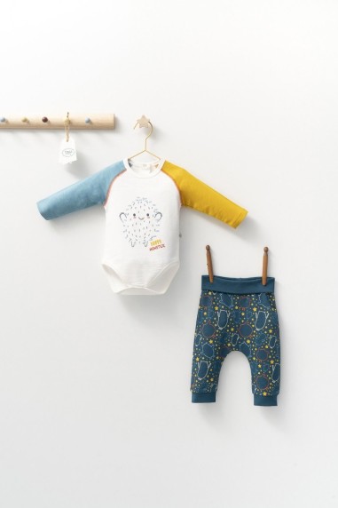 Set cu pantalonasi si body cu maneca lunga pentru bebelusi Monster, Tongs baby (Culoare: Turcoaz, Marime: 6-9 luni)