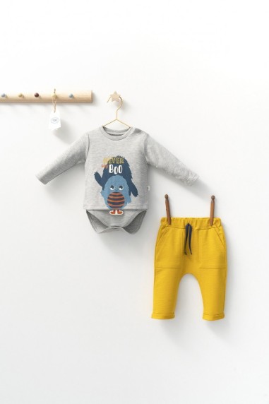 Set cu pantalonasi cu buzunare si body cu maneca lunga pentru bebelusi Monster, Tongs baby (Culoare: Albastru, Marime: 9-12 luni