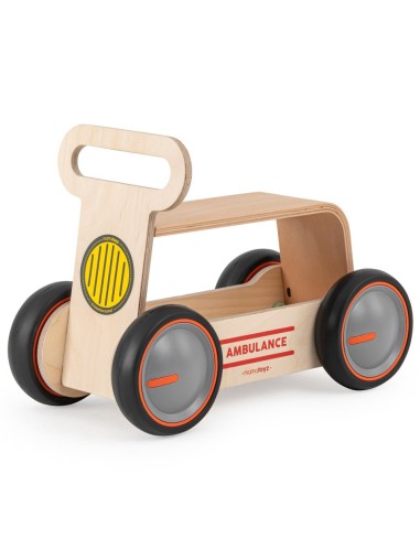 Masinuta ride-on, premergator si carucior de jucarii MamaToyz DriveMe Wood, Ambulanta - Jucarie din lemn 3 in 1