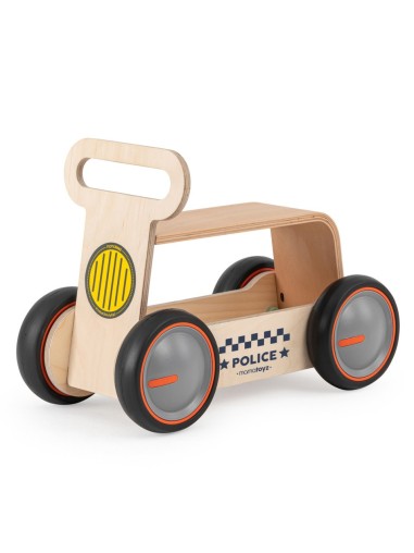 Masinuta ride-on, premergator si carucior de jucarii MamaToyz DriveMe Wood, Politie - Jucarie din lemn 3 in 1