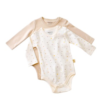 Set 2 body-uri cu maneca lunga bebe unisex -100% bumbac organic - Ecru cu buline, BabyCosy (Marime: 6-9 luni)