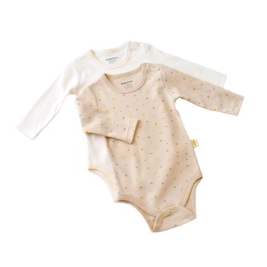 Set 2 body-uri cu maneca lunga bebe unisex -100% bumbac organic - Crem cu buline, BabyCosy (Marime: 3-6 Luni)