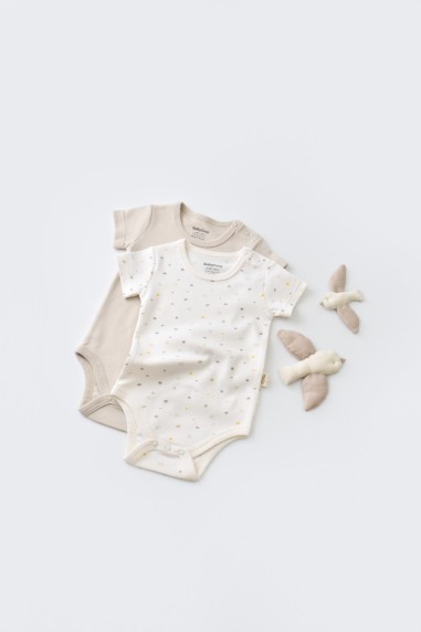 Set 2 body-uri bebe unisex -100% bumbac organic - Ecru cu buline, BabyCosy (Marime: 6-9 luni)