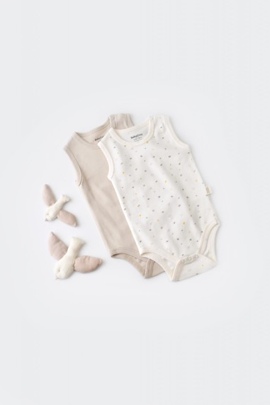 Set 2 body-uri fara maneci bebe unisex -100% bumbac organic - Ecru cu buline, BabyCosy (Marime: 6-9 luni)