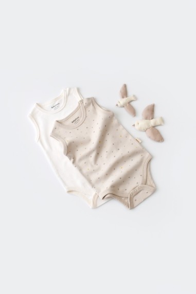 Set 2 body-uri fara maneci bebe unisex -100% bumbac organic - Crem cu buline, BabyCosy (Marime: 9-12 luni)