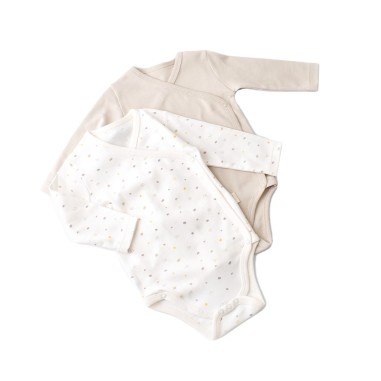 Set 2 body-uri cu maneca lunga petrecute bebe unisex -100% bumbac organic - Ecru cu buline, BabyCosy (Marime: 3-6 Luni)