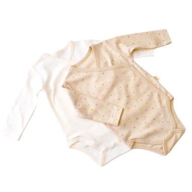 Set 2 body-uri cu maneca lunga petreceute bebe unisex -100% bumbac organic - Crem cu buline, BabyCosy (Marime: 6-9 luni)