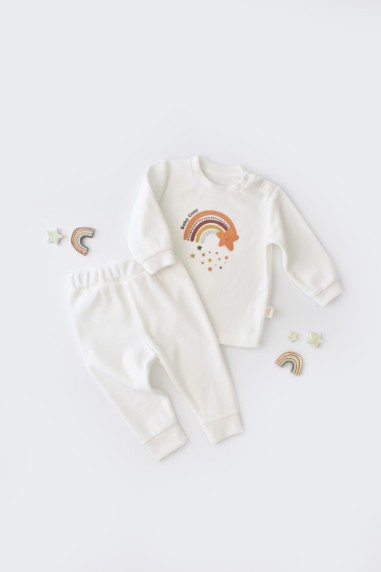 Set Curcubeu cu bluzita cu maneca lunga si pantaloni lungi din 80%bumbac organic si 20% poliester - Ecru, BabyCosy (Marime: 6-9