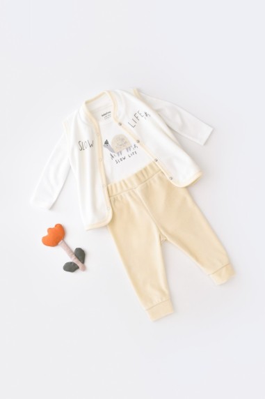 Set 3 piese Broscuta cu body, pantalonasi si vestuta din 80%bumbac organic si 20% poliester - Crem, BabyCosy (Marime: 6-9 luni)