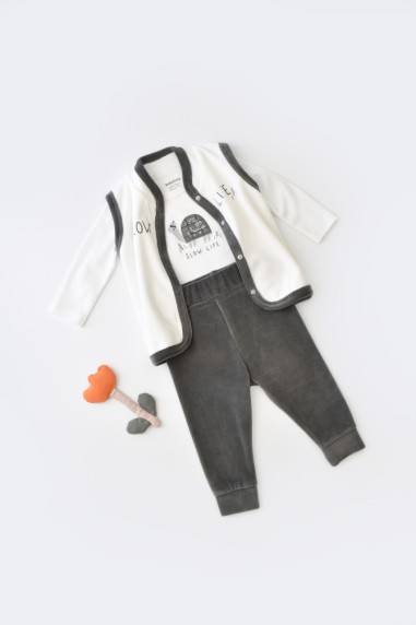 Set 3 piese Broscuta cu body, pantalonasi si vestuta din 80%bumbac organic si 20% poliester - Antracit, BabyCosy (Marime: 9-12 l