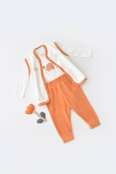 Set 3 piese Broscuta cu body, pantalonasi si vestuta din 80%bumbac organic si 20% poliester - Portocaliu, BabyCosy (Marime: 6-9