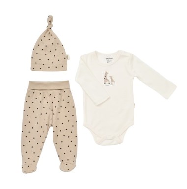 Set 3 piese: body, pantaloni si caciulita Girafa, BabyCosy, 100% bumbac organic (Marime: 6-9 luni)