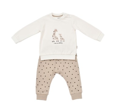 Set bluzita cu maneca lunga si pantaloni lungi cu buline Girafa, BabyCosy, 100% bumbac organic, Ecru (Marime: 12-18 Luni)