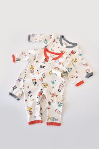 Set 2 salopetele cu maneca lunga si pantaloni lungi - 100%bumbac organic - Rosu si Gri, BabyCosy (Marime: 9-12 luni)