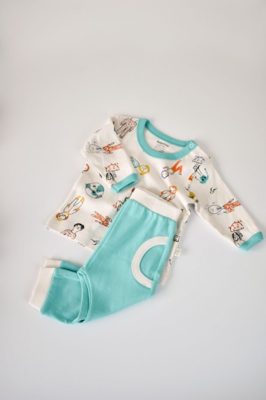 Set bluzita cu maneca lunga si pantaloni lungi, 100% bumbac organic, BabyCosy, Verde (Marime: 9-12 luni)