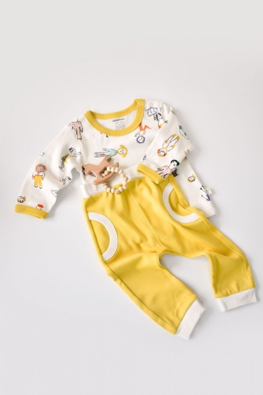 Set bluzita cu maneca lunga si pantaloni lungi, 100% bumbac organic, BabyCosy, Galben (Marime: 6-9 luni)