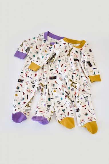 Set 2 salopetele cu maneca lunga si pantaloni cu botosei si fermoar - 100%bumbac organic - Galben si Mov, BabyCosy (Marime: 6-9