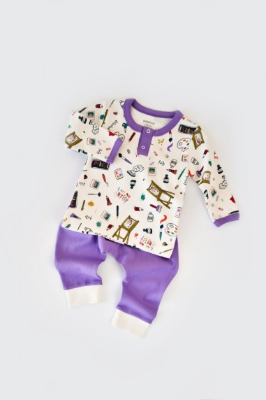 Set bluzita cu maneca lunga si nasturei si pantaloni lungi, 100% bumbac organic, BabyCosy, Mov (Marime: 18-24 Luni)