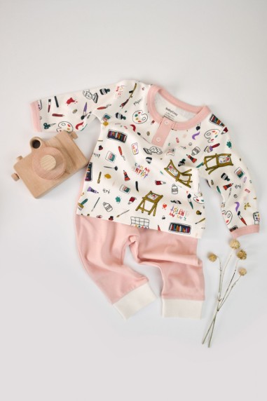 Set bluzita cu maneca lunga si nasturei si pantaloni lungi, 100% bumbac organic, BabyCosy, Pudra (Marime: 6-9 luni)