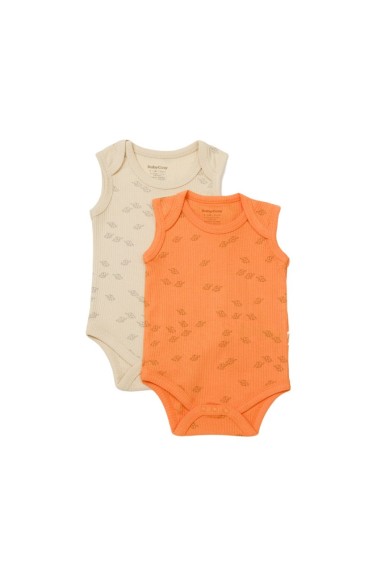 Set 2 body-uri fara maneci Printed, BabyCosy, 50% modal+50% bumbac, Stone/Apricot (Marime: 3-6 Luni)