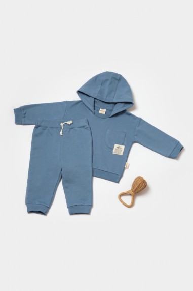 Set hanorac cu gluga si pantaloni, Two thread, 100%bumbac organic - Indigo, BabyCosy (Marime: 18-24 Luni)