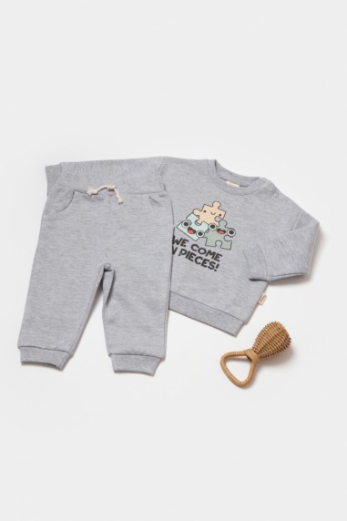 Set hanorac si pantaloni, Two thread, 100%bumbac organic - Gri, BabyCosy (Marime: 9-12 luni)