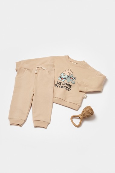 Set hanorac si pantaloni, Two thread, 100%bumbac organic - Stone, BabyCosy (Marime: 12-18 Luni)