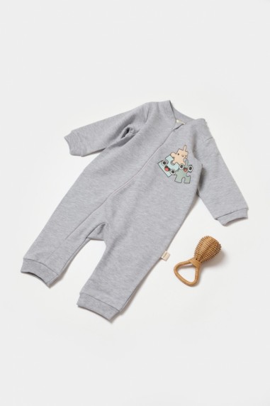 Salopeta cu fermoar, Two thread, BabyCosy, 100% bumbac organic, Gri (Marime: 9-12 luni)