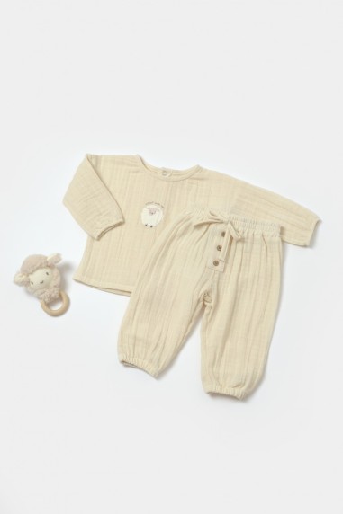 Set bluza si pantaloni, Winter muselin, 100% bumbac - Stone, BabyCosy (Marime: 3-6 Luni)