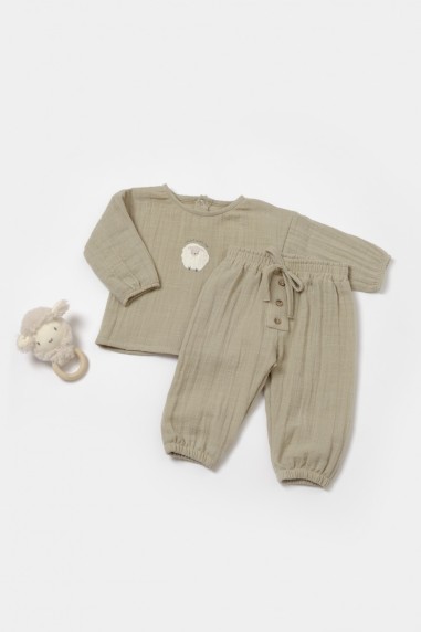 Set bluza si pantaloni, Winter muselin, 100% bumbac - Verde, BabyCosy (Marime: 3-6 Luni)