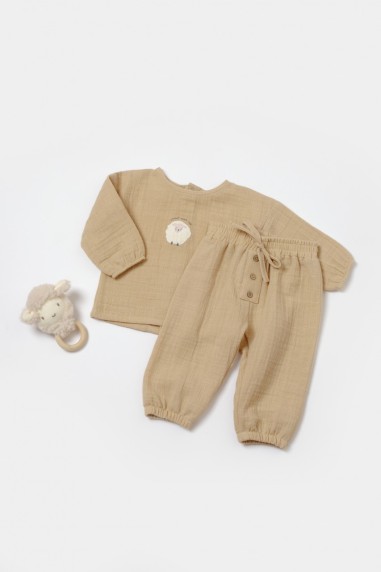 Set bluza si pantaloni, Winter muselin, 100% bumbac - Apricot, BabyCosy (Marime: 6-9 luni)