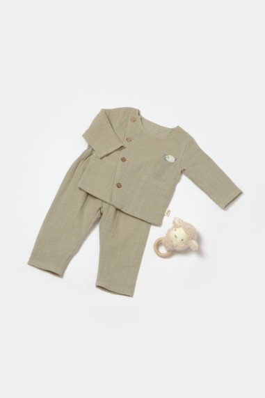 Set bluza cu nasturi si pantaloni , Winter muselin, 100% bumbac - Verde, BabyCosy (Marime: 6-9 luni)