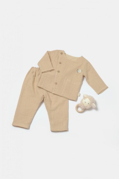 Set bluza cu nasturi si pantaloni , Winter muselin, 100% bumbac - Apricot, BabyCosy (Marime: 9-12 luni)