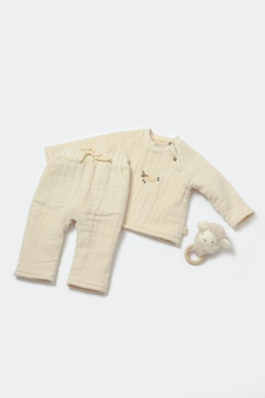 Set bluza dublata si pantaloni, Winter muselin, 100% bumbac - Stone, BabyCosy (Marime: 6-9 luni)