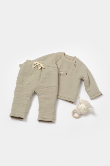 Set bluza dublata si pantaloni, Winter muselin, 100% bumbac - Verde, BabyCosy (Marime: 6-9 luni)