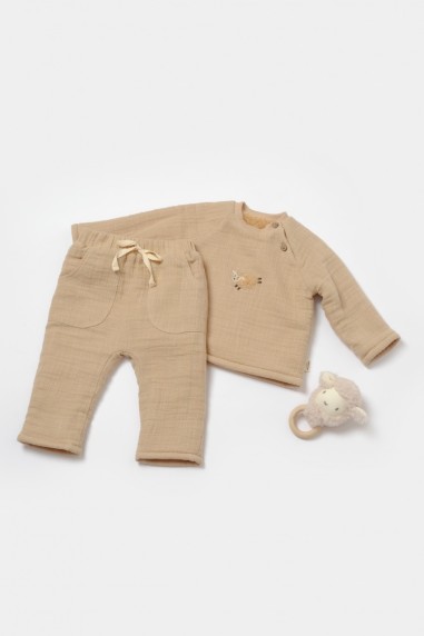 Set bluza dublata si pantaloni, Winter muselin, 100% bumbac - Apricot, BabyCosy (Marime: 6-9 luni)