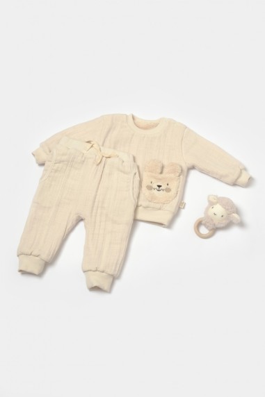 Set bluza dublata si pantaloni Ursulet, Winter muselin, 100% bumbac - Stone, BabyCosy (Marime: 6-9 luni)