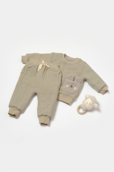 Set bluza dublata si pantaloni Ursulet, Winter muselin, 100% bumbac - Verde, BabyCosy (Marime: 6-9 luni)