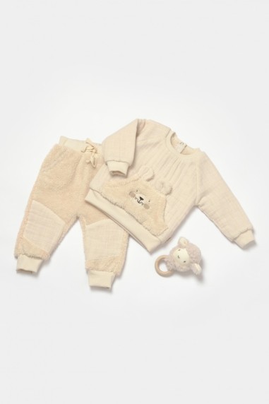 Set bluza cu buzunar si pantaloni Ursulet, Winter muselin, 100% bumbac dublat - Stone, BabyCosy (Marime: 6-9 luni)