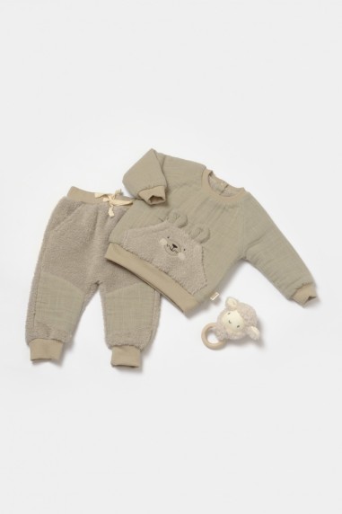 Set bluza cu buzunar si pantaloni Ursulet, Winter muselin, 100% bumbac dublat - Verde, BabyCosy (Marime: 9-12 luni)