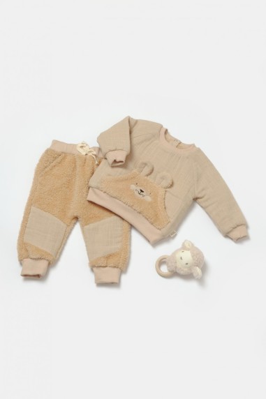 Set bluza cu buzunar si pantaloni Ursulet, Winter muselin, 100% bumbac dublat - Apricot, BabyCosy (Marime: 9-12 luni)