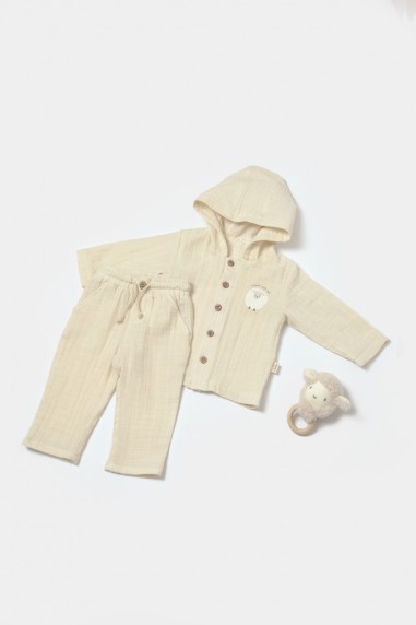 Set bluza cu gluga si pantaloni, Winter muselin, 100% bumbac - Stone, BabyCosy (Marime: 6-9 luni)