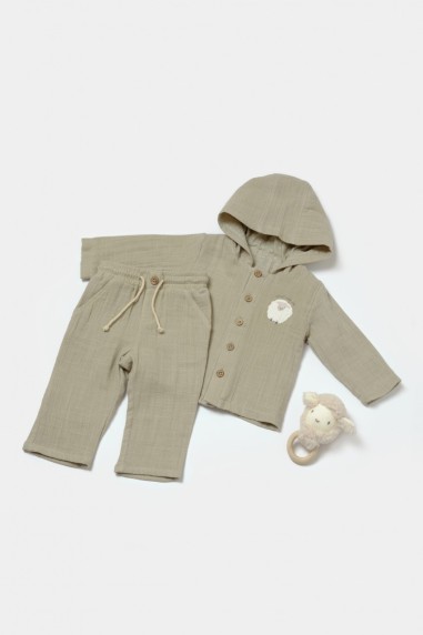 Set bluza cu gluga si pantaloni, Winter muselin, 100% bumbac - Verde, BabyCosy (Marime: 6-9 luni)