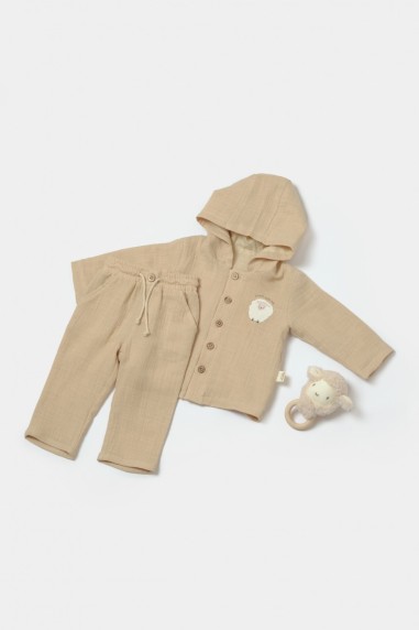 Set bluza cu gluga si pantaloni, Winter muselin, 100% bumbac - Apricot, BabyCosy (Marime: 9-12 luni)