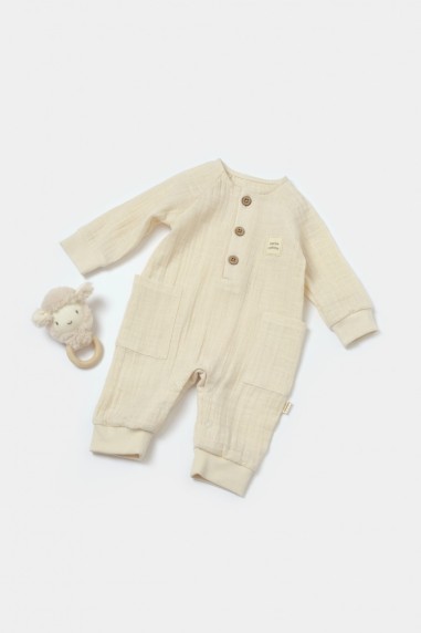 Salopeta cu nasturei, Winter muselin, 100% bumbac - Stone, BabyCosy (Marime: 3-6 Luni)