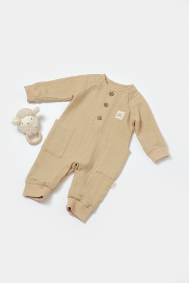 Salopeta cu nasturei, Winter muselin, 100% bumbac - Apricot, BabyCosy (Marime: 9-12 luni)